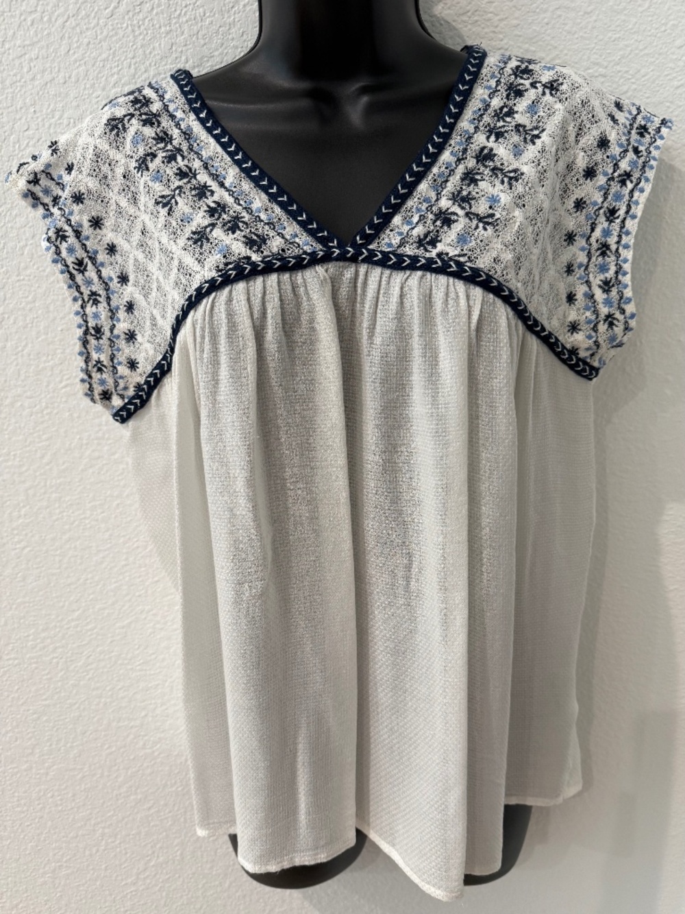JOLT | Boho EMBROIDERED Blue & White Top | V Neck Sleeveless Sheer Smock | XL